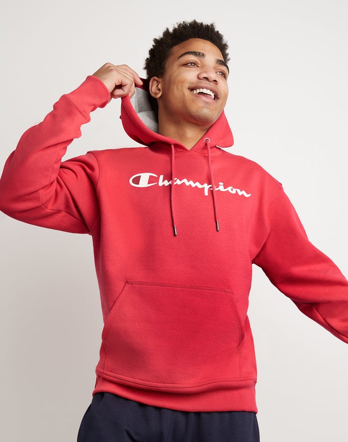 Champion Powerblend Fleece Script Logo Erkek Kapşonlu Sweatshirt Kırmızı ( QXJRGV705 )